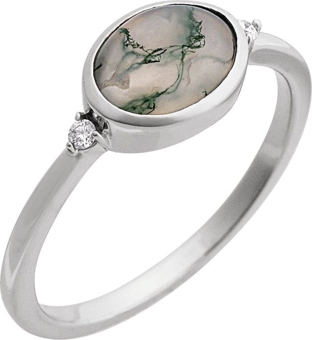 14K Gold Natural Moss Agate Bezel-Set Cabochon Ring – .03 CTW - White Gold