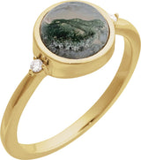 14K Gold Natural Moss Agate Bezel-Set Cabochon Ring – .03 CTW - Yellow Gold