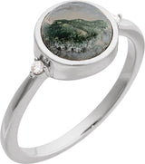 14K Gold Natural Moss Agate Bezel-Set Cabochon Ring – .03 CTW - White Gold
