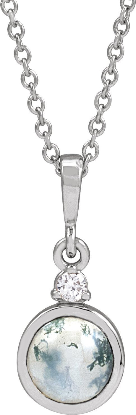 14K Gold Round Natural Diamond Cabochon Bezel-Set Necklace or Pendant - White Gold
