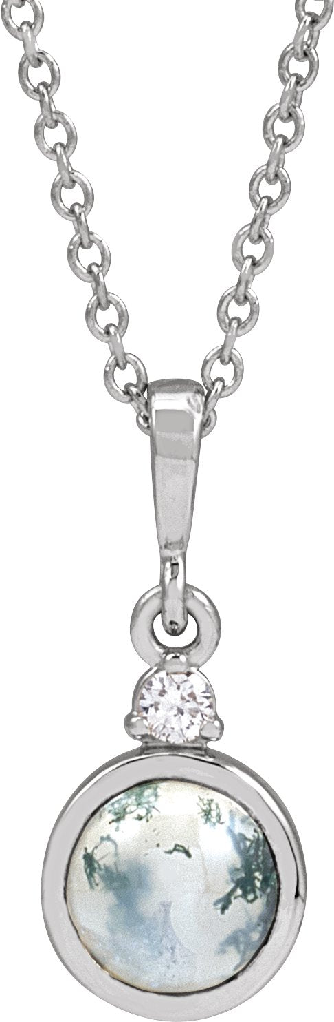 14K Gold Round Natural Diamond Cabochon Bezel-Set Necklace or Pendant - White Gold