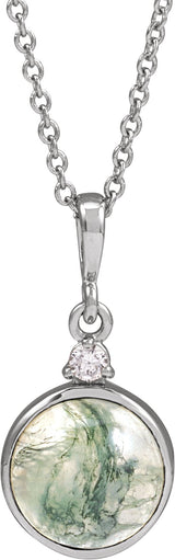 14K Gold Round Natural Diamond Cabochon Bezel-Set Necklace or Pendant - White Gold