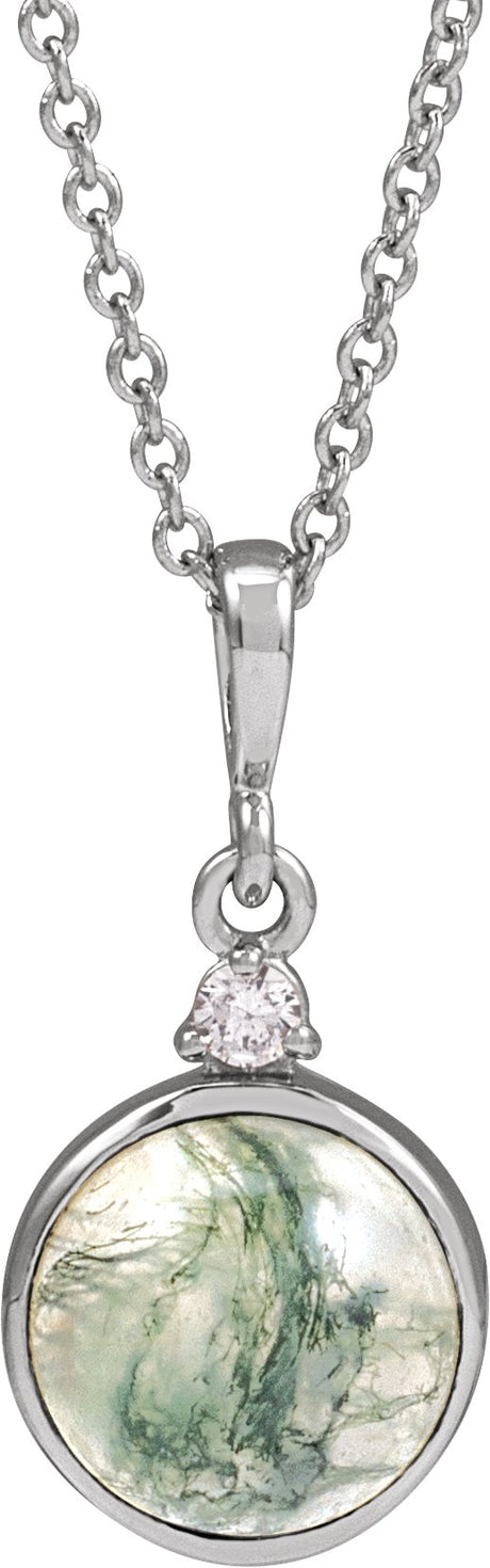 14K Gold Round Natural Diamond Cabochon Bezel-Set Necklace or Pendant - White Gold