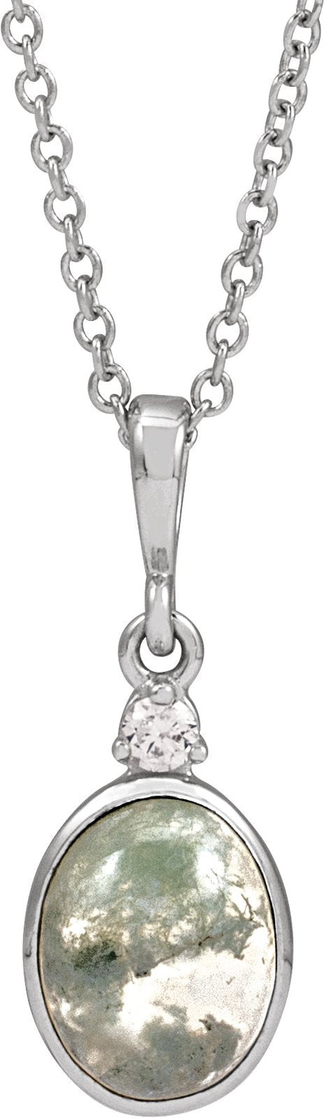 14K Gold Round Natural Diamond Cabochon Bezel-Set Necklace or Pendant - White Gold