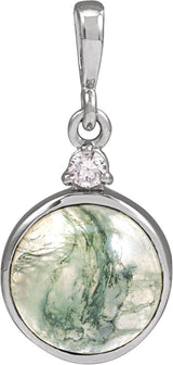 14K Gold Round Natural Diamond Cabochon Bezel-Set Necklace or Pendant - White Gold