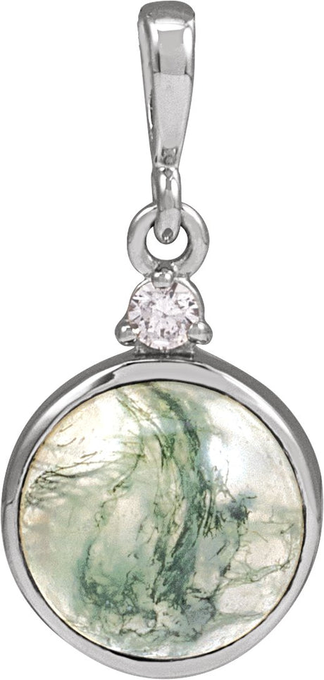 14K Gold Round Natural Diamond Cabochon Bezel-Set Necklace or Pendant - White Gold