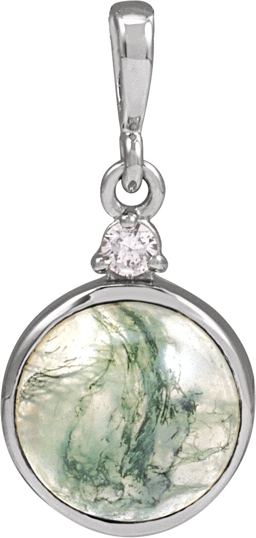 14K Gold Round Natural Diamond Cabochon Bezel-Set Necklace or Pendant - White Gold