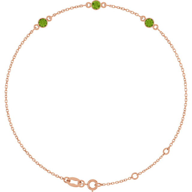 14K Gold Round Natural Peridot Bezel-Set Link Bracelet – 25.9x1.7mm - Rose Gold