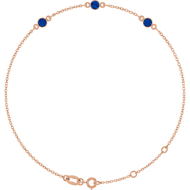 14K Gold Round Natural Blue Sapphire Bezel-Set Link Bracelet – 25.9x1.7mm - Rose Gold