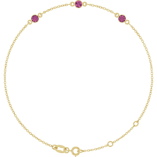 14K Gold Round Natural Pink Tourmaline Bezel-Set Link Bracelet – 25.9x1.7mm - Yellow Gold