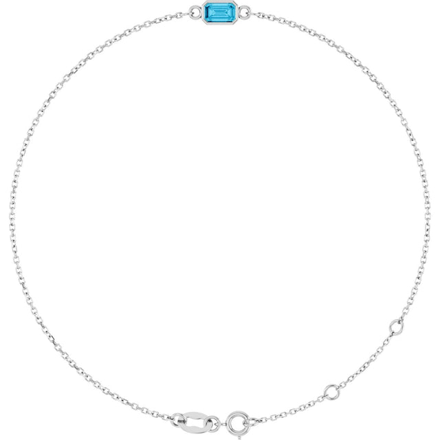 14K Gold Round Natural Aquamarine Bezel-Set Link Bracelet - White Gold