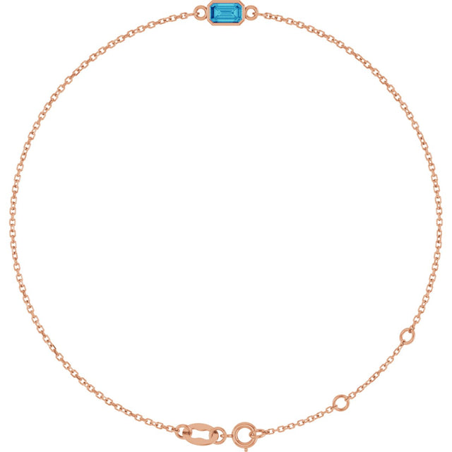 14K Gold Round Natural Blue Zircon Bezel-Set Link Bracelet - Rose Gold