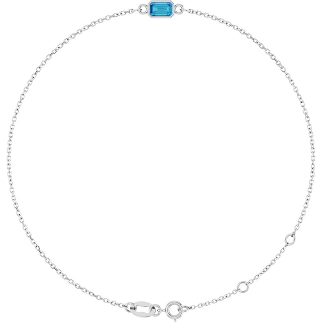 14K Gold Round Natural Blue Zircon Bezel-Set Link Bracelet - White Gold