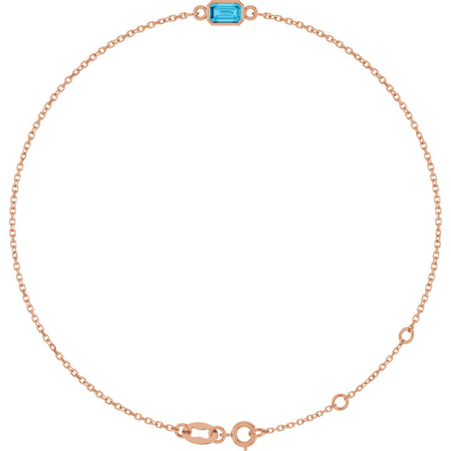 14K Gold Round Natural Aquamarine Bezel-Set Link Bracelet - Rose Gold