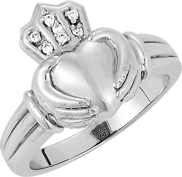 14K Gold Natural Diamond Claddagh Ring – 1 mm Round - White Gold