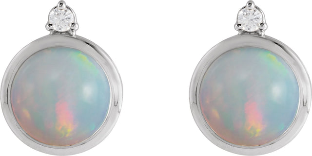 14K Gold Oval Natural Ethiopian Opal & Natural Diamond Cabochon Bezel-Set Earrings - White Gold - view 2