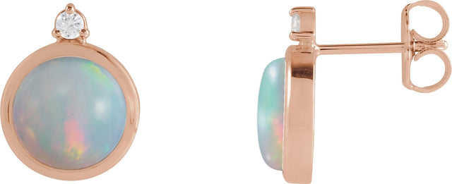 14K Gold Oval Natural Ethiopian Opal & Natural Diamond Cabochon Bezel-Set Earrings - Rose Gold