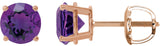 14K Gold Natural Amethyst Round 4-Prong Lightweight Stud Earrings – 2.5-8mm Stones - Rose Gold