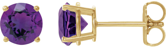 14K Gold Natural Amethyst Round 4-Prong Lightweight Stud Earrings - Yellow Gold