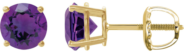 14K Gold Natural Amethyst Round 4-Prong Lightweight Stud Earrings – 2.5-8mm Stones - Yellow Gold