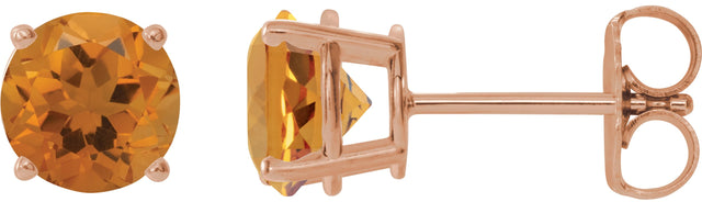 14K Gold Natural Citrine Round 4-Prong Lightweight Stud Earrings - Rose Gold
