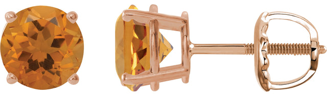 14K Gold Natural Citrine Round 4-Prong Lightweight Stud Earrings – 2.5-8mm Stones - Rose Gold