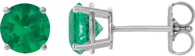 14K Gold Lab-Grown Emerald Round 4-Prong Lightweight Stud Earrings - White Gold