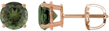 14K Gold Natural Green Tourmaline Round 4-Prong Lightweight Stud Earrings – 6mm Stones - Rose Gold