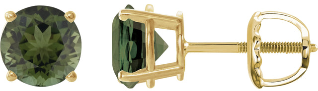 14K Gold Natural Green Tourmaline Round 4-Prong Lightweight Stud Earrings – 6mm Stones - Yellow Gold