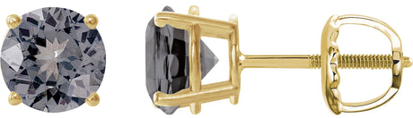 14K Gold Natural Gray Spinel Round 4-Prong Lightweight Stud Earrings – 6mm Stones - Yellow Gold
