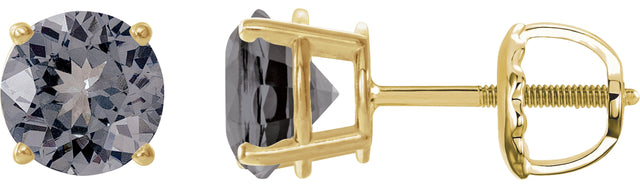 14K Gold Natural Gray Spinel Round 4-Prong Lightweight Stud Earrings – 6mm Stones - Yellow Gold