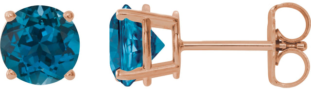 14K Gold Natural London Blue Topaz Round 4-Prong Lightweight Stud Earrings - Rose Gold