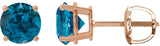 14K Gold Natural London Blue Topaz Round 4-Prong Lightweight Stud Earrings – 6-8mm Stones - Rose Gold