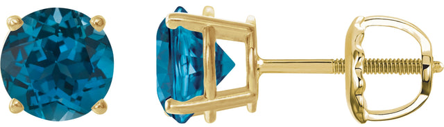 14K Gold Natural London Blue Topaz Round 4-Prong Lightweight Stud Earrings – 6-8mm Stones - Yellow Gold
