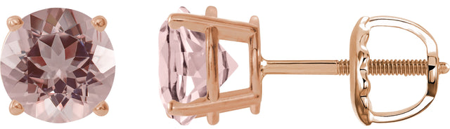 14K Gold Natural Pink Morganite Round 4-Prong Lightweight Stud Earrings – 6-7mm Stones - Rose Gold