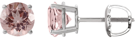 14K Gold Natural Pink Morganite Round 4-Prong Lightweight Stud Earrings – 6-7mm Stones - White Gold