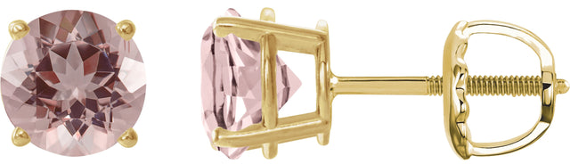 14K Gold Natural Pink Morganite Round 4-Prong Lightweight Stud Earrings – 6-7mm Stones - Yellow Gold