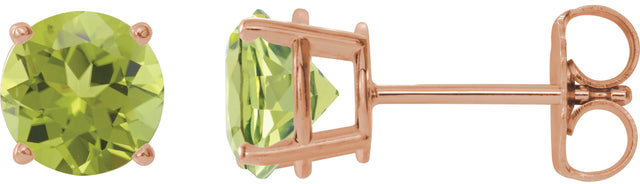 14K Gold Natural Peridot Round 4-Prong Lightweight Stud Earrings - Rose Gold