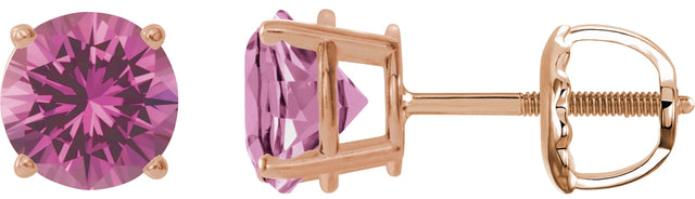 14K Gold Lab-Grown Pink Sapphire Round 4-Prong Lightweight Stud Earrings – 7-8mm Stones - Rose Gold
