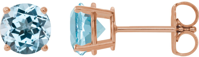 14K Gold Natural Sky Blue Topaz Round 4-Prong Lightweight Stud Earrings - Rose Gold