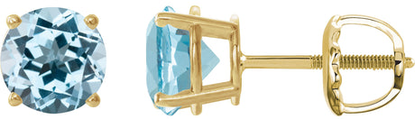 14K Gold Natural Sky Blue Topaz Round 4-Prong Lightweight Stud Earrings – 6-8mm Stones - Yellow Gold