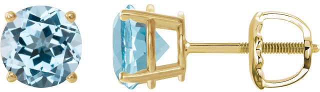 14K Gold Natural Sky Blue Topaz Round 4-Prong Lightweight Stud Earrings – 6-8mm Stones - Yellow Gold