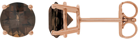 14K Gold Natural Smoky Quartz Round 4-Prong Lightweight Stud Earrings - Rose Gold