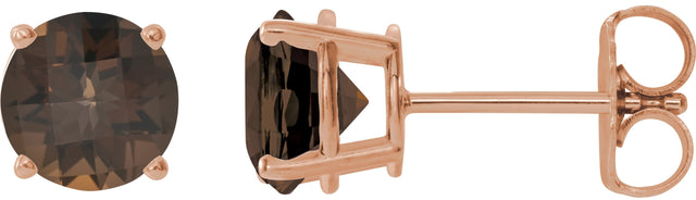 14K Gold Natural Smoky Quartz Round 4-Prong Lightweight Stud Earrings - Rose Gold
