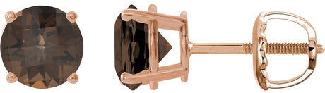 14K Gold Natural Smoky Quartz Round 4-Prong Lightweight Stud Earrings – 7-8mm Stones - Rose Gold