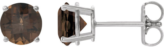 14K Gold Natural Smoky Quartz Round 4-Prong Lightweight Stud Earrings - White Gold