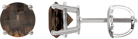 14K Gold Natural Smoky Quartz Round 4-Prong Lightweight Stud Earrings – 7-8mm Stones - White Gold