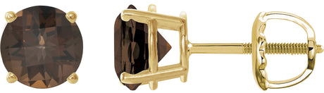 14K Gold Natural Smoky Quartz Round 4-Prong Lightweight Stud Earrings – 7-8mm Stones - Yellow Gold
