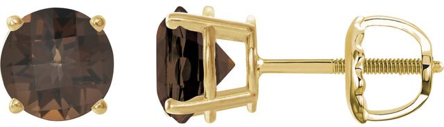 14K Gold Natural Smoky Quartz Round 4-Prong Lightweight Stud Earrings – 7-8mm Stones - Yellow Gold
