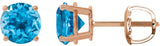 14K Gold Natural Swiss Blue Topaz Round 4-Prong Lightweight Stud Earrings – 7-8mm Stones - Rose Gold